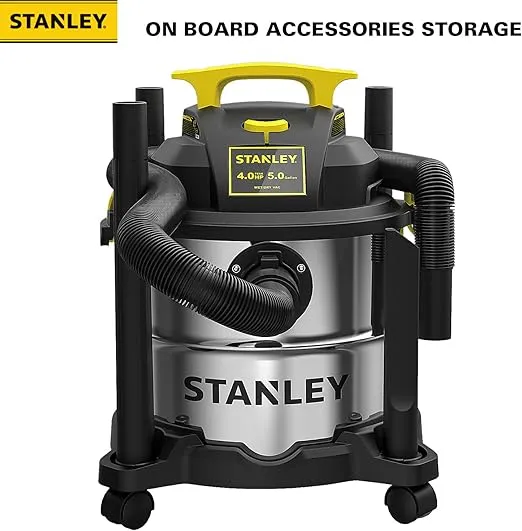 STANLEY SL18115 Wet/Dry Vacuum, 4 Horsepower, Stainless Steel Tank, 5 Gallon, 4.0 HP, 50" Sealed Pressure, Silver+Yellow