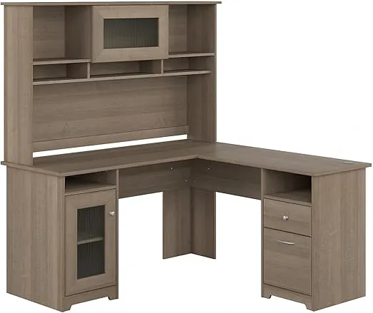 Bush Furniture Cabot L Shaped Desk with Hutch | Corner Desk with Storage for Home Office in Ash Gray | 60W L Shaped Computer Desk