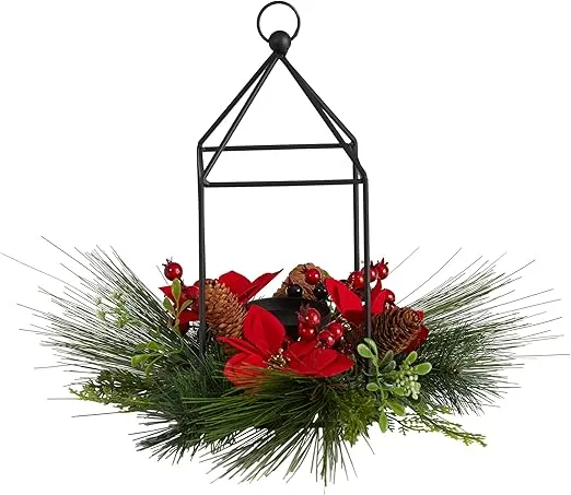 Nearly Natural 14in. Christmas Poinsettia, Berry and Pinecone Metal Candle Holder Christmas Artificial Table Arrangement