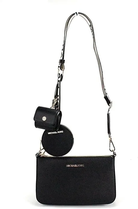 Michael Kors Jet Set Black Leather Crossbody Tech Attachment Bag Purse