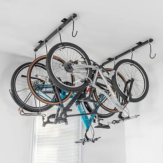 Teal Triangle G-Bike Ceiling Mounted Bike Rack, Indoor Garage Storage for up to 8 Bikes, Adjustable Cycling Hooks For Road Mountain MTB E-Bike and Kids' Bicycles, 46" X 4" X 12"